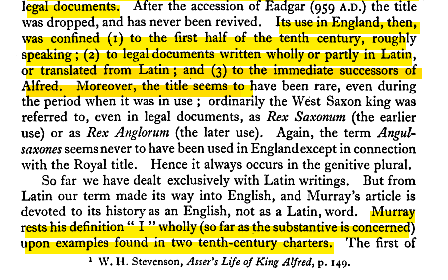 Malone summarizes thusly: the term appears in English documents almost only in Latin, almost only in the first half of the 10th century, and in documents from the court of Alfred or his *immediate successors.* Even there, the term is rare.