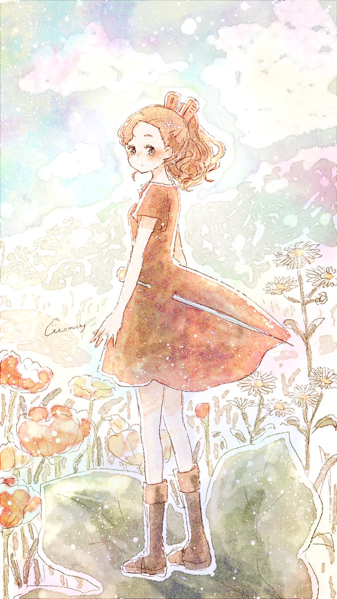 1girl solo dress flower red dress boots ponytail  illustration images