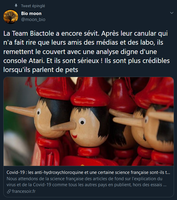 Décidément cette méta-analyse passe mal chez les raoultiens qui multiplient les attaques ridicules sans parler du fond...Cf. ces quelques tweet du soit-disant "prof de SVT"  @moon_bio, vous voyez le niveau... 