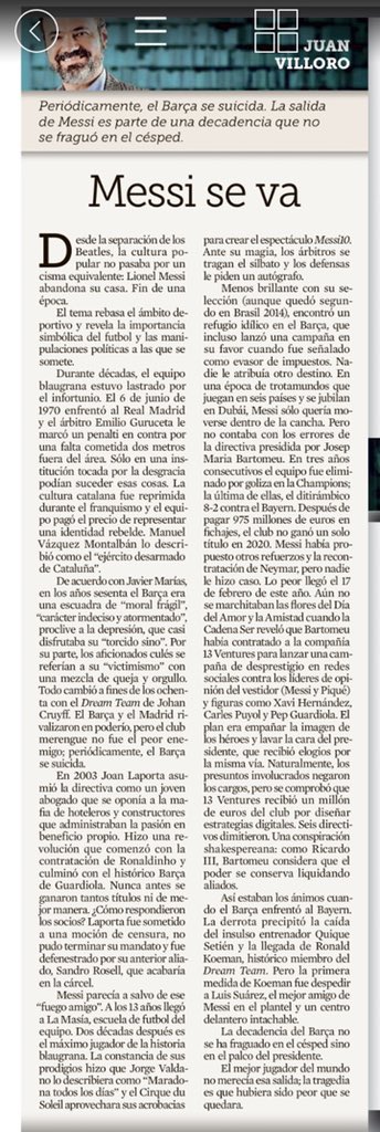 Qué grande Juan Villoro!

Tremendo artículo de un intelectual profundamente conocedor del fútbol y sus laberintos . Lo ha plasmado en sus diversas obras .
Catalán de origen y por convicción . 
Qué luces arroja el Maestro Villoro.
Salud !