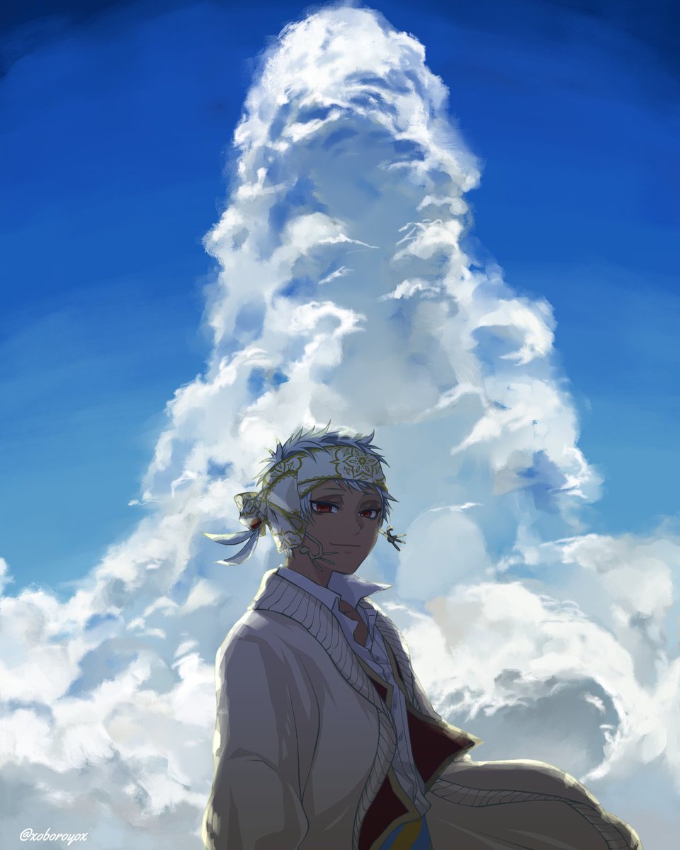 solo sky 1boy cloud male focus dark skin white hair  illustration images