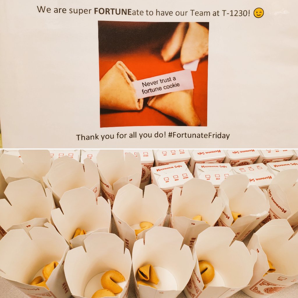 We are grateful for our Team and Guests at T-1230 on this #fortunatefriday Giving fortune cookies as an edible and punny reminder that we couldn't do it without them 🥠 <a href="/zandreanelson/">Zandrea Nelson</a>