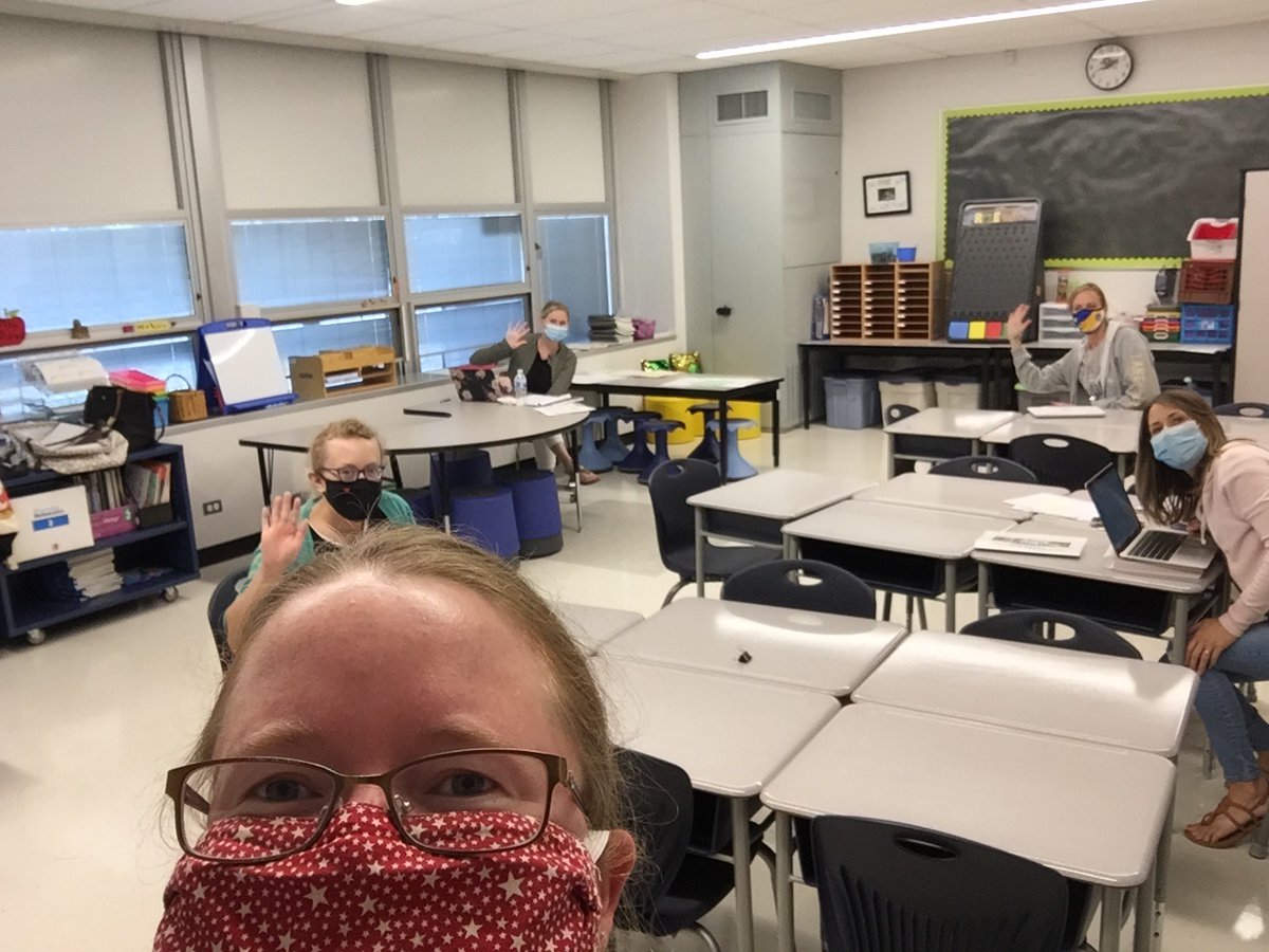 mrs_wiora's tweet photo. We cannot MASK our excitement about the first day of school!  Planning for a great school year
with @mrs_kiely @_hase1 @Adamsonkdg and Ms. Backlin. https://t.co/EvzalyKAZw