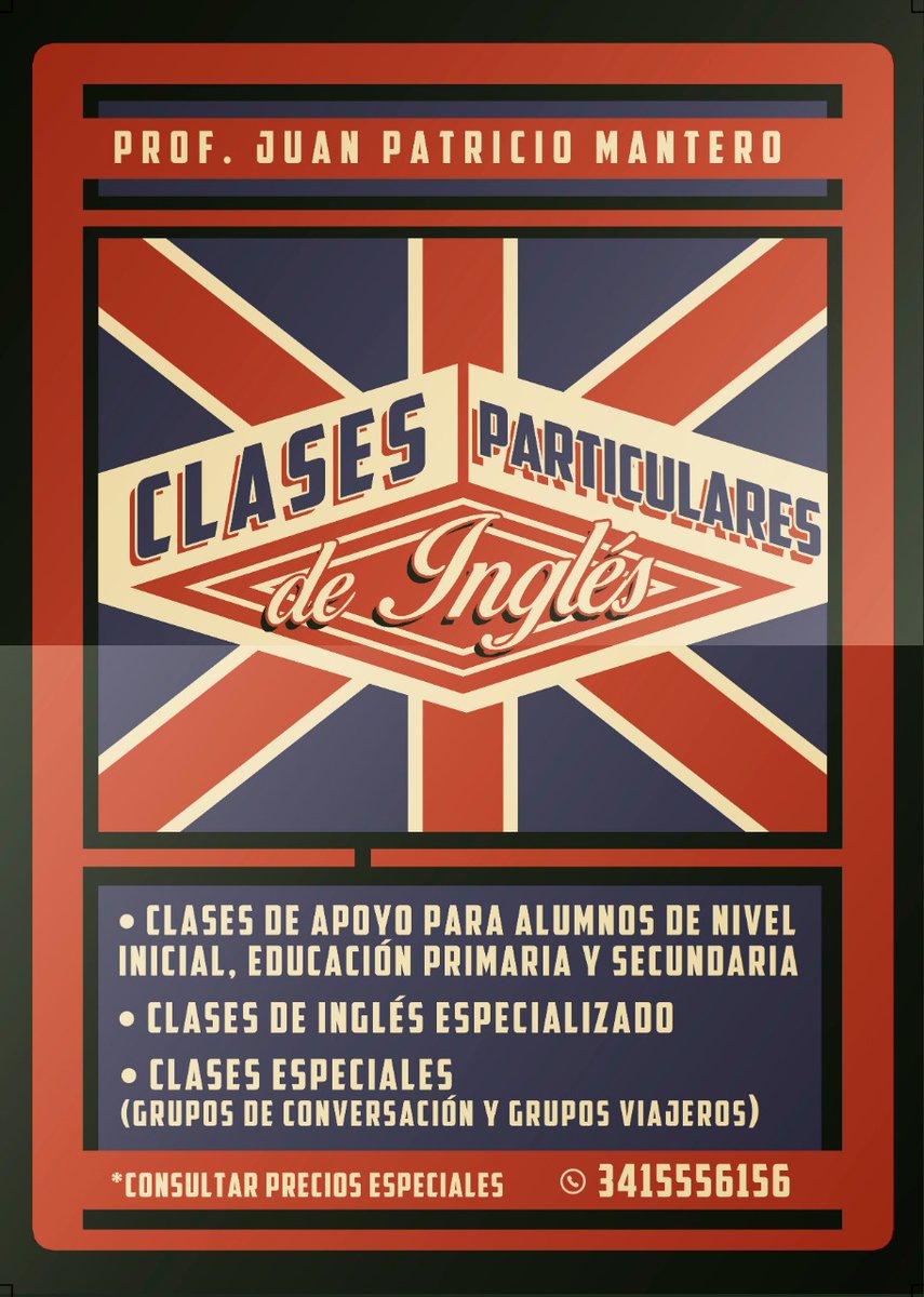 ROSARIO!
CLASES PARTICULARES DE INGLÉS para personas de todas la edades. Dichas clases son adaptadas según la necesidad de cada persona. Consultas por DM o al número que aparece en la imagen. Agradezco mucho si le dan RT o comparten esto con quien pueda necesitarlo!