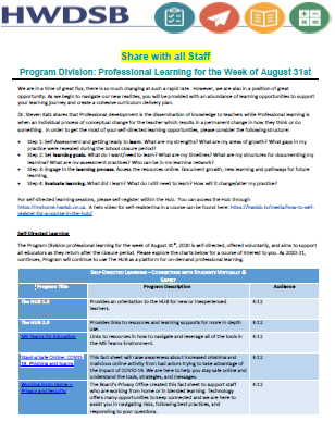 HWDSBLearning's tweet photo. We're back!

The Program Division is offering voluntary, self-directed professional learning on @HWDSBHub as we get ready for the new school year.  Here's the link to our first PD memo of the year:  https://t.co/ezRhdKMg2b https://t.co/R0s0F9r5ky