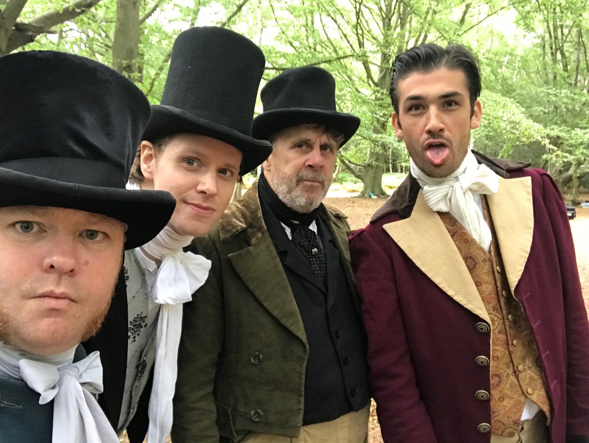 Here come the boys! 🎩🎩🎩 Actors <a href="/Richard_Unwin/">Richard Unwin</a> (Grenville), <a href="/ChrisClynes/">Chris Clynes</a> (Henri), <a href="/pauldewdney/">Paul Dewdney</a> (Wallace) and #LouisCummings (Digby) relax between takes on location during filming. #behindthescenes #actors