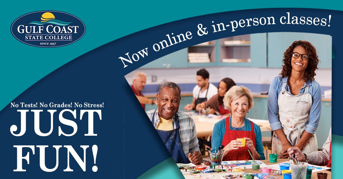 GCSC1957's tweet photo. Our Continuing Education department has opened registration for the Fall Education Encore program that begins Sept. 25. Classes will be offered ONLINE &amp; IN-PERSON! Space is limited. Don't delay, register today! https://t.co/nRGD4NMQIX #GulfCoastStateCollege https://t.co/xhfXCnY6vQ