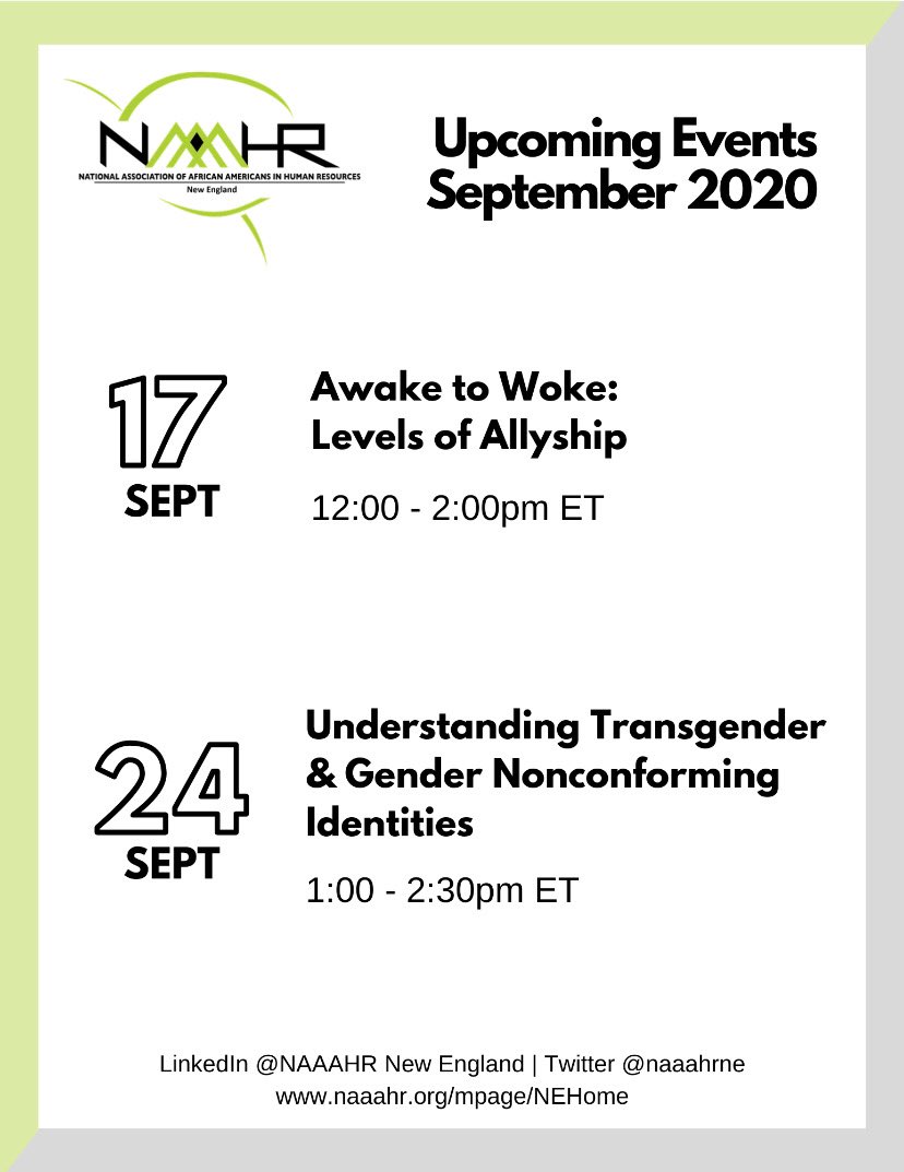 NAAAHRNE's tweet photo. 9/17 - Awake to Woke: Levels of Allyship with @AllisonManswell 
https://t.co/vqI3qSLOkx

9/24 - Understanding Transgender and Gender Nonconforming Identities with Kaden Mohamed hosted by @GattiHR   
https://t.co/YIcjf608ry

Both events are approved for #hrci  #recert credits. https://t.co/FzcDk7znEa