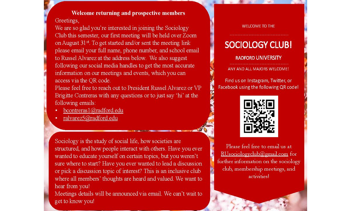 RadfordSoc's tweet photo. Calling all social/cultural/etc.-minded individuals:  The Sociology Club is having its first meeting of the year Mon. Aug. 31, inviting any and all social thinkers and tinkerers old and new.  See the attached flyer for getting the Zoom information. https://t.co/8QIKbqHutd