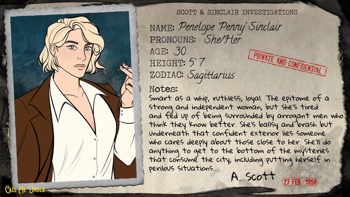 CallMeUnder's tweet image. 📷 The Private Eye 📷

Penny is a romantic at heart, but nothing will stop her attempts at uncovering the endless array of strange little mysteries that Styx has to offer, no matter how deep she has to dive...

#CallMeUnder #lgbtqagames #visualnovel #datingsim #indiedev