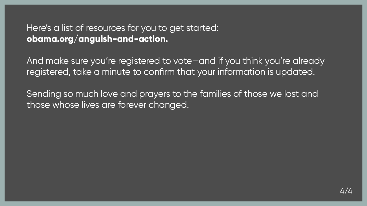 I’m just devastated by the shootings in Kenosha. And I can’t stop thinking about what our kids are seeing every day—and our obligations to them going forward. 

To find out how you can take action, check out the <a href="/ObamaFoundation/">The Obama Foundation</a>'s resources at obama.org/anguish-and-ac….