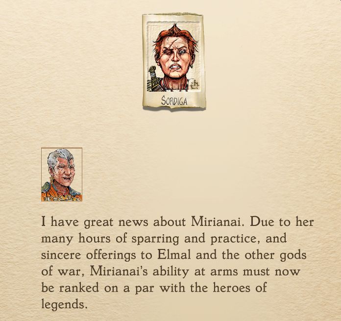 Seems like Chardenei left us with bad luck for rituals after this Sacred Time stunt.We get a lot of updates at the start. First and most importantly: Mirianai is now not only a legend in her clan standing, but in skill. Her combat ability is now Heroic.