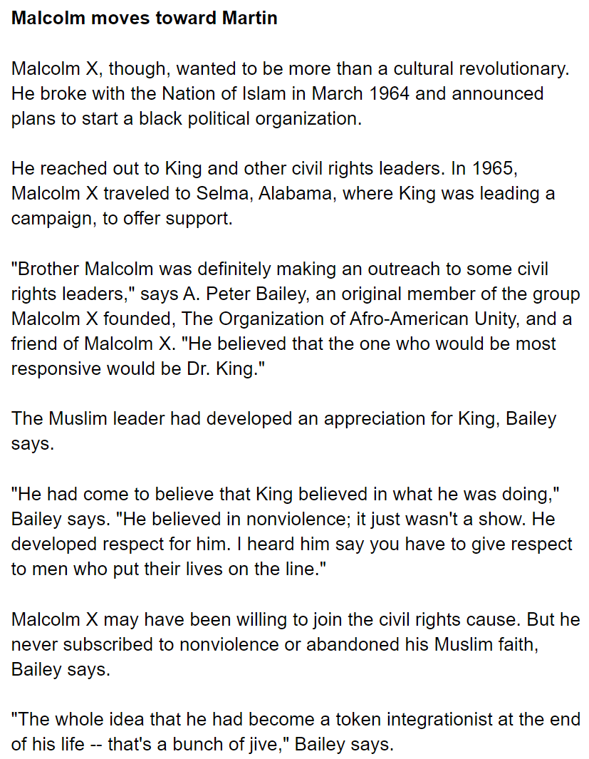 more details on brother malcolm moving closer to MLK, and MLK closer to brother malcolm in this piece  https://edition.cnn.com/2010/LIVING/05/19/Malcolmx.king/index.html