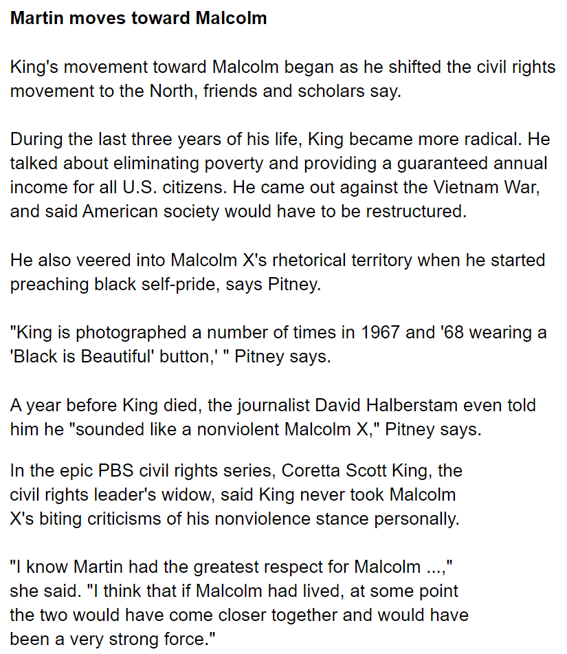 more details on brother malcolm moving closer to MLK, and MLK closer to brother malcolm in this piece  https://edition.cnn.com/2010/LIVING/05/19/Malcolmx.king/index.html