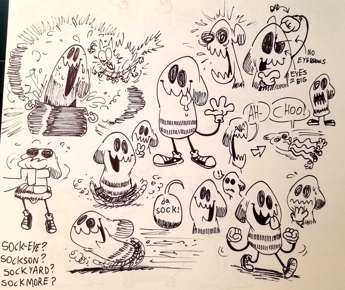back for real! here's some stuff i drew while i was out. i really like the design with this little sock man 