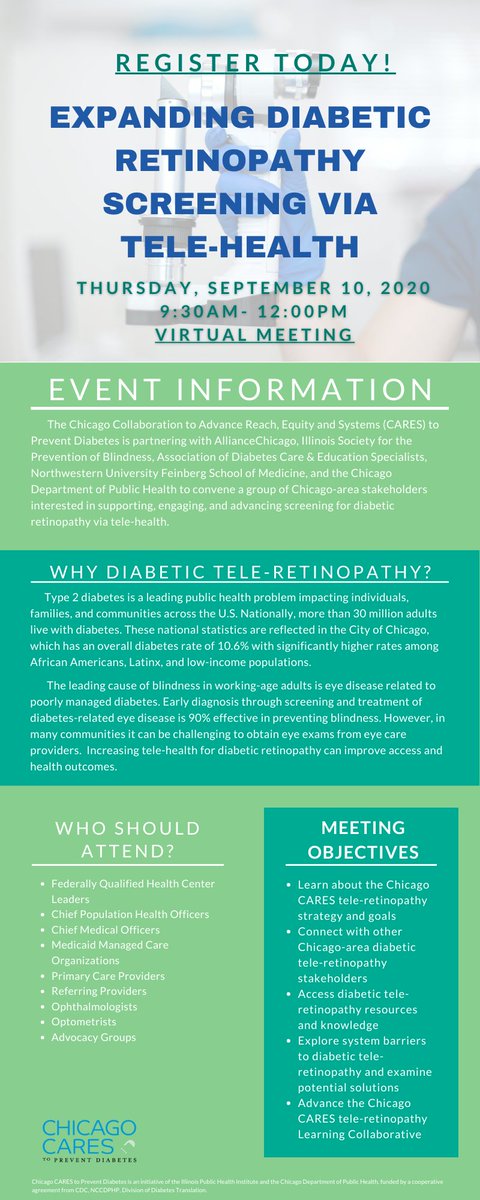 Join Chicago CARES on September 10th for a virtual event to support, engage, and advance screening for diabetic retinopathy via tele-health! 

Register today at: zoom.us/meeting/regist…
