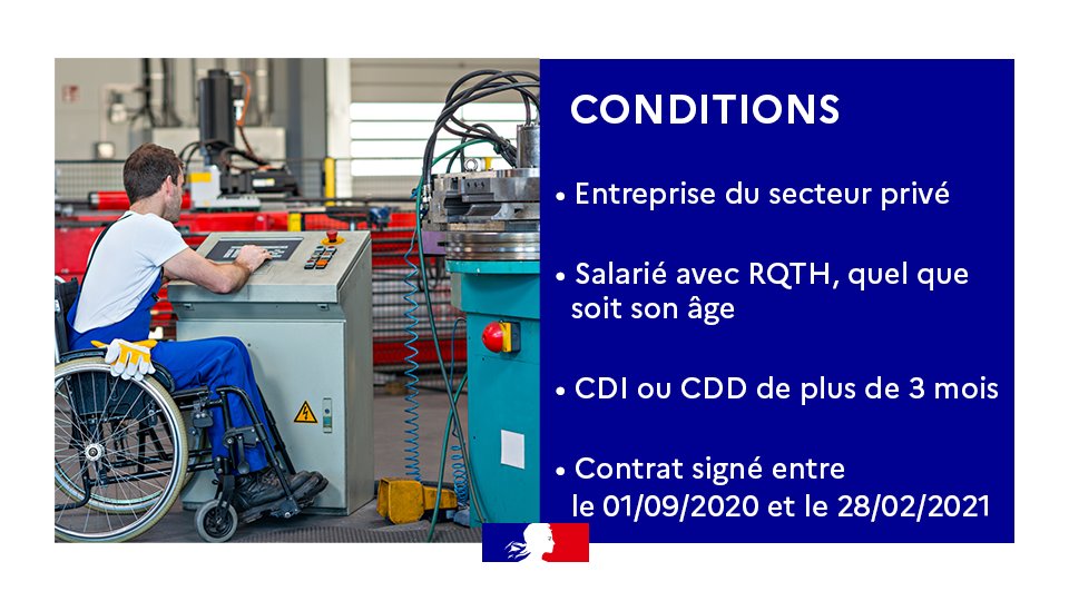 Entreprise du privé ? Avec la 1e disposition du #PlanDeRelance du 1er septembre 📈 pour l’#emploi des personnes en situation de #handicap, l'État vous soutient pour tout recrutement d’un salarié ayant la reconnaissance qualité de travailleur handicapé ♿
➡swll.to/LCldvl7