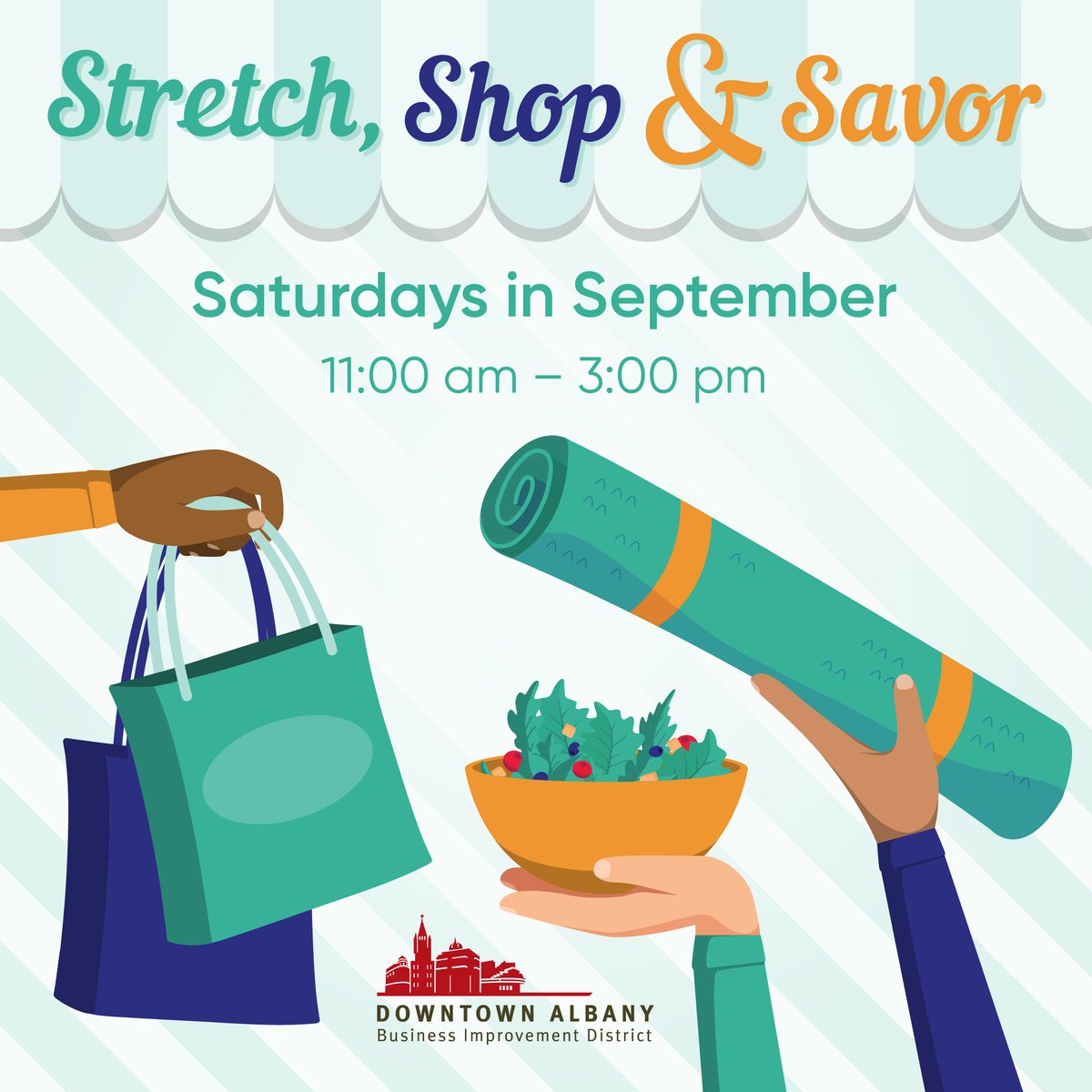 AlbanyBID's tweet photo. ❗️New event announcement❗️

Join us Saturdays in September for Stretch, Shop &amp; Savor and enjoy a free outdoor yoga class, specials at retailers, and a variety of incredible dining options throughout Downtown. Full info: https://t.co/IOgeYmDJqs 

#DowntownAlbany #MaskUpDowntown https://t.co/mA24Lf3nVu