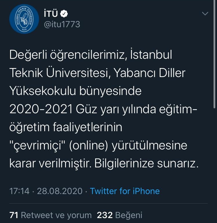 Sen 12+ sene oku, eğitim hayatına 1 senelik İstanbul'un en güzel yerinde tatil arası vereceğin dönemi adamın biri yarasa yedi diye evde geçir. Ne söyleseniz haklısınız 2020 girişliler jabsjwkwkw