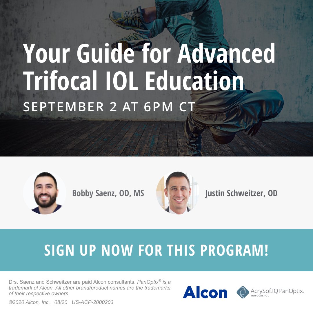 ModOptometry's tweet photo. Register now for this exciting interactive webinar! Drs. Saenz and Schweitzer will share their experiences with the Acrysof IQ #PanOptix #TrifocalIOL. Don’t miss this exchange of ideas on September 2 at 6PM CT https://t.co/A1mbjhF3jR #Alcon #ad https://t.co/JIxzgctceH