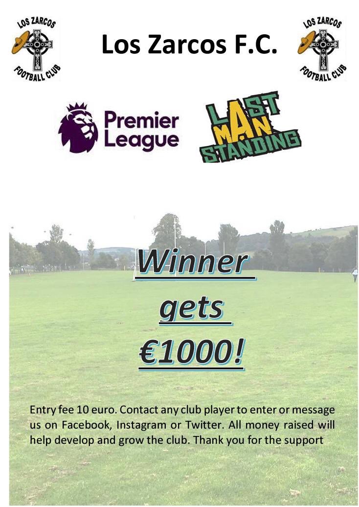 Our Last Man Standing returns this Season with €1000 on offer.
All funds raised will go towards development of our pitch in the Town Park.
All support greatly appreciated!!
