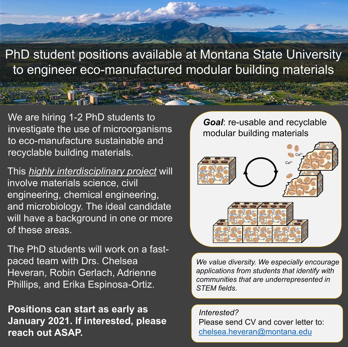 Dr. Chelsea Heveran (@heveranchelsea) on Twitter photo We are hiring 1-2 PhD students to join our team at <a href="/montanastate/">Montana State University</a> @Center4Biofilm. We are working to use use microbes to manufacture re-usable and recyclable building materials. Please share widely!
#materialsscience #microbiology #phdpositions We are hiring 1-2 PhD students to join our team at <a href="/montanastate/">Montana State University</a> @Center4Biofilm. We are working to use use microbes to manufacture re-usable and recyclable building materials. Please share widely!
#materialsscience #microbiology #phdpositions