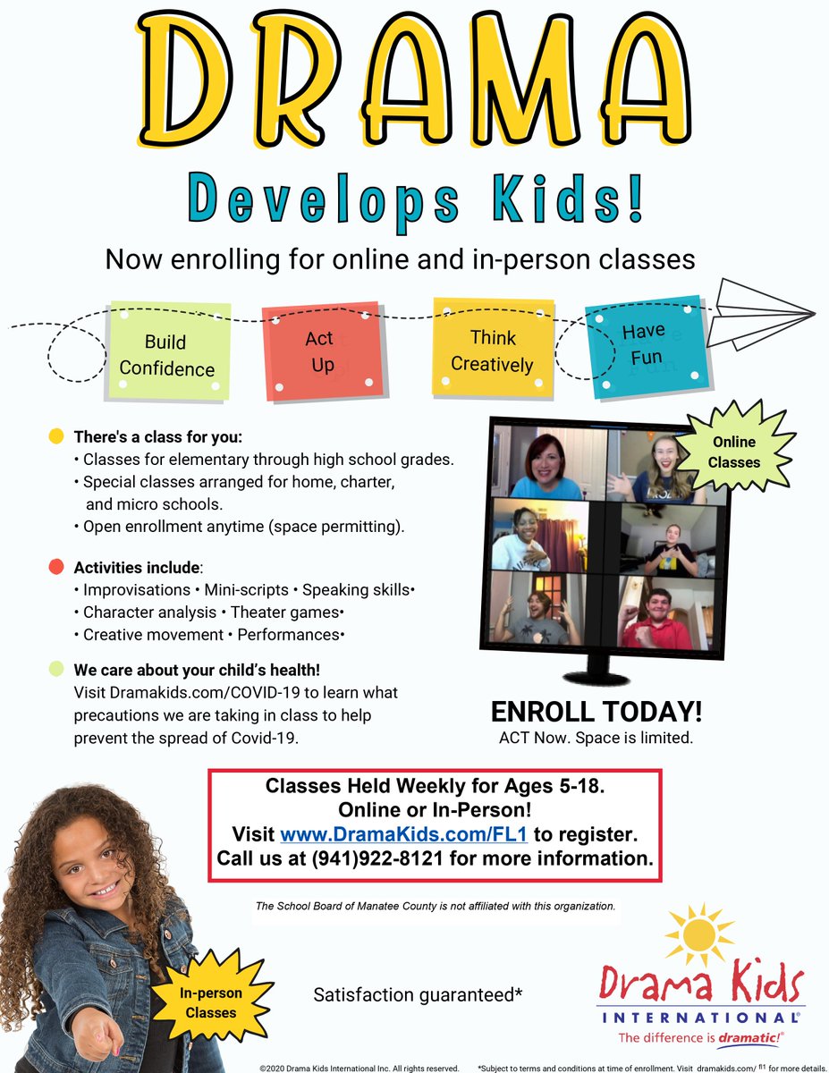 Perry_Gambino's tweet photo. Calling Students!  Drama Kids of Manasota accepting enrollment for online or in-person classes!  For updated information call Drama Kids at (941) 922-8121 or email dramakids@comcast.net.   https://t.co/EqIgSQoKZq https://t.co/T6NOeHabui