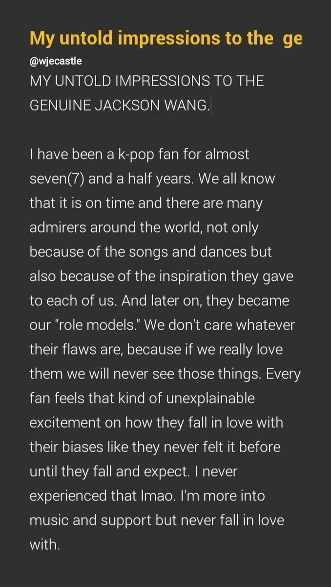 wjeIuv's tweet photo. My untold impressions to the  genuine Jackson Wang

Can I borrow some of your precious time to read this? please.

I know people rarely do this, but I prefer to share this with you because I know some of y'all can relate. https://t.co/zgtOjRdM7m