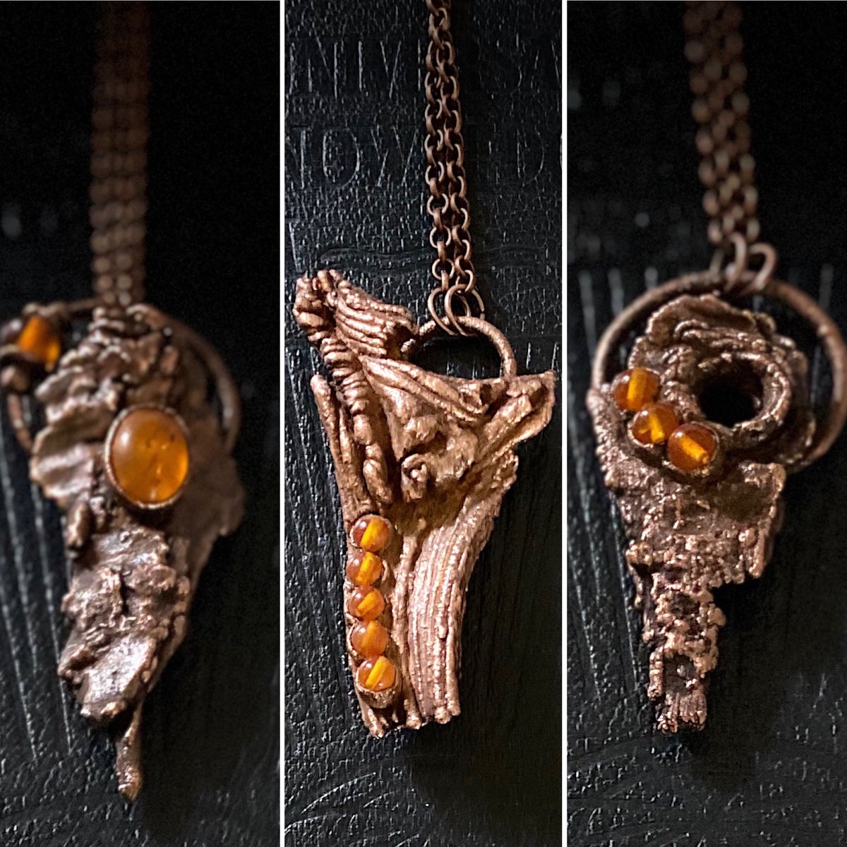 Copper Bark Pendants #uniquependants #electroforms #handmadeinnorthumberland #copperplatedbark #treebarks #electroformedjewellery #electroformedpendants #electroformingartist #copperjewellery #copperpendants #oneofakind #amberpendants #copperandamberpendant #handmadejewellery