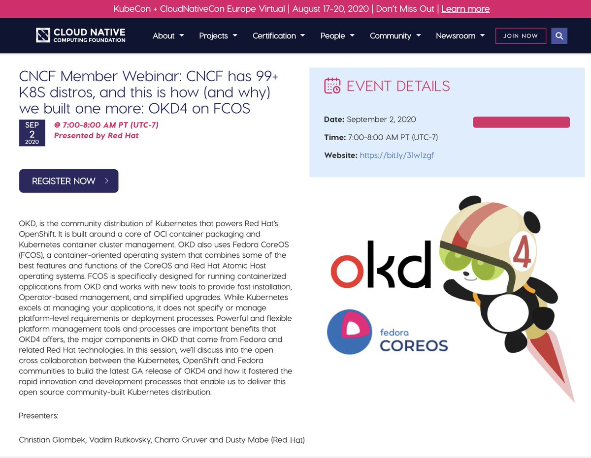 openshiftcommon's tweet photo. Don't miss this Upcoming @CloudNativeFdn Webinar:
"CNCF has 99+ #K8S distros, and this is how (and why) we built one more: OKD4 on FCOS"
with @RedHat's @lorbus42 @vrutkovs and @Fedora's @dustymabe
#OpenSource4TheWin #Kubernetes @OpenShift
Sept 2 https://t.co/3Mcbuv4mVN https://t.co/QeuTOIIQ0f