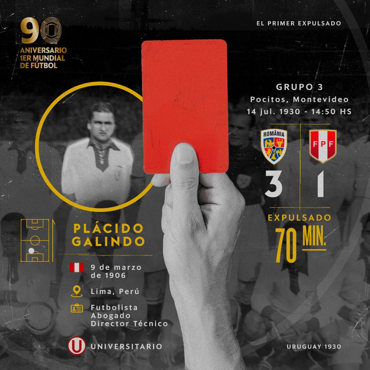 Plácido Galindo, capitán de Perú en 1930, viajó 11 días para jugar solo 70 minutos, ya que vería la primera tarjeta roja en la historia de los mundiales. El partido lo ganó Rumania 3-1 🇵🇪1️⃣9️⃣3️⃣0️⃣🏆🇺🇾 <a href="/TuFPF/">Federación Peruana de Fútbol</a> <a href="/FIFAWorldCup/">FIFA World Cup</a> <a href="/FIFAMuseum/">FIFA Museum</a>