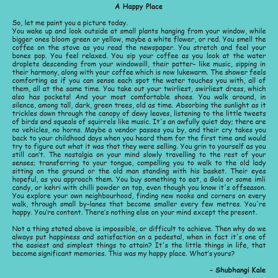 mantavya_nmims's tweet photo. What's your happy place? During these tough times where the opportunity for social interactions is restricted, it is very important to stay happy and keep the endorphins flowing. This piece by our very own @shuuubhaaangiii for #fridayfables can help you.
#Mantavya #NMIMS https://t.co/MOfAA6oxPe