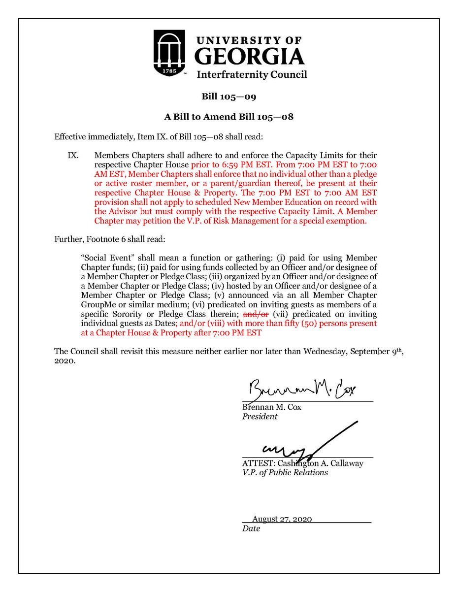 Last night IFC passed a Bill requiring Chapters to adhere to Chapter House capacity limits prior to 6:59 p.m., restricting visitation by non-Chapter Members between 7p and 7a, and clarifying “Social Event” definition to enforce capacity limits and health practices. #DawgStrong