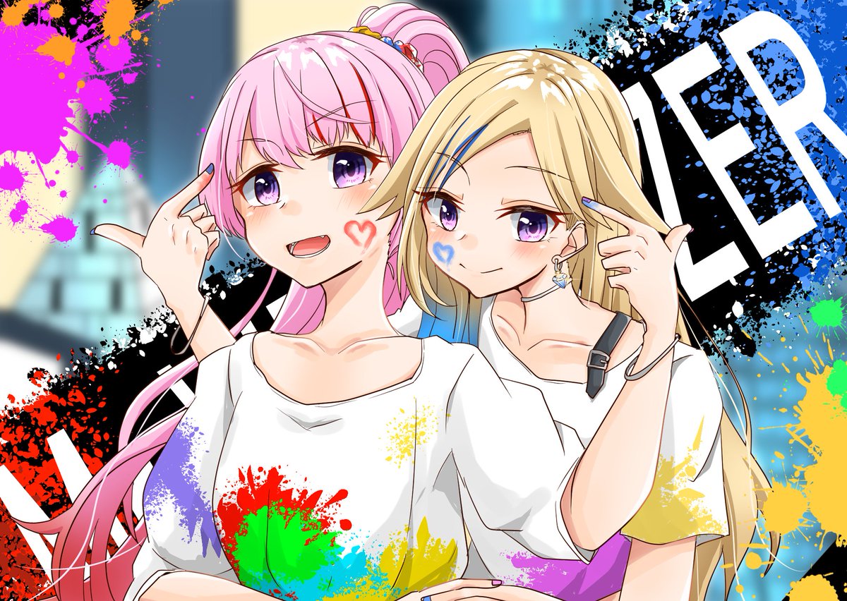multiple girls 2girls paint splatter purple eyes pink hair blonde hair long hair  illustration images