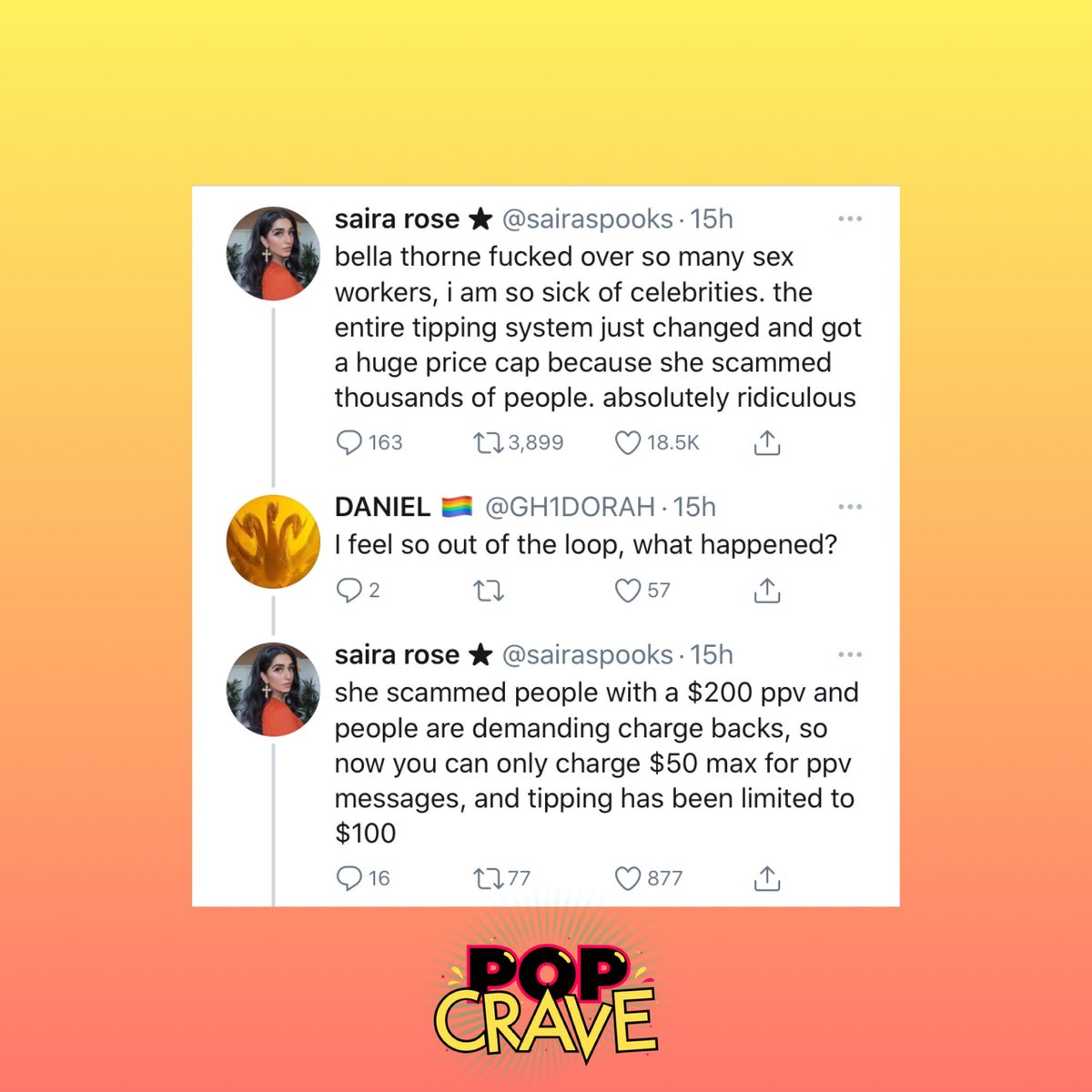 PopCrave's tweet photo. Bella Thorne under fire for ‘scamming’ OnlyFans subscribers after making $2 MILLION in less than a week.  

Thorne is believed to be the reason why the platform’s tipping system has now changed, affecting hundreds of thousands of content creators on the app. https://t.co/s1kS8AENIL