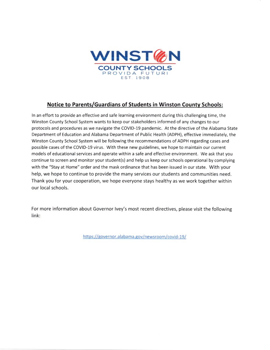 Notice to Parents/Guardians of Students in Winston County Schools.