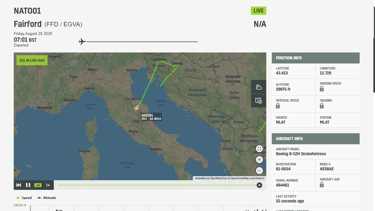 stedur93's tweet photo. USAF B-52H NATO01/61-0034 is finally over Italy, headed to Rome. (screenshot via #RadarBox24) https://t.co/dllXCgkFrg