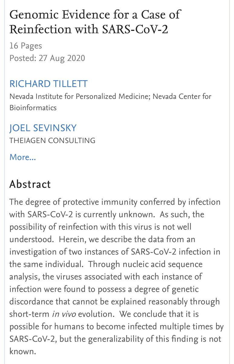 Berselang beberapa hari, kasus reinfeksi #COVID19 kembali dilaporkan.

Yg berbeda, pd infeksi kedua, kondisi pasien justru memberat. Antibodi yg terbentuk dr infeksi pertama tdk mampu melindungi dr paparan selanjutnya. Bahkan mungkin justru memperberatnya. Kita belum tahu pasti.