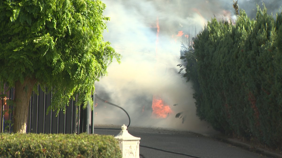 VIDEO: Een vrachtwagen is vrijdagmiddag volledig uitgebrand op een oprit van een woonhuis aan het Haefland in Brunssum.