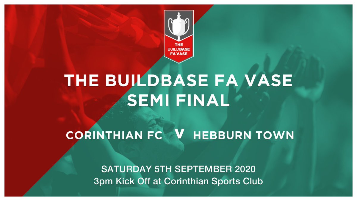 CorinthianFC's tweet photo. FA VASE SEMI FINAL

Corinthian FC V Hebburn Town

Following yesterday’s draw #CFC can confirm @HebburnTown will be travelling down to #TheFarm for the #FaVase Semi Final.

A one off game being played on 5th September, Kick off at 3pm. Confirmation of tickets will be released soon https://t.co/mMExlRyGQS