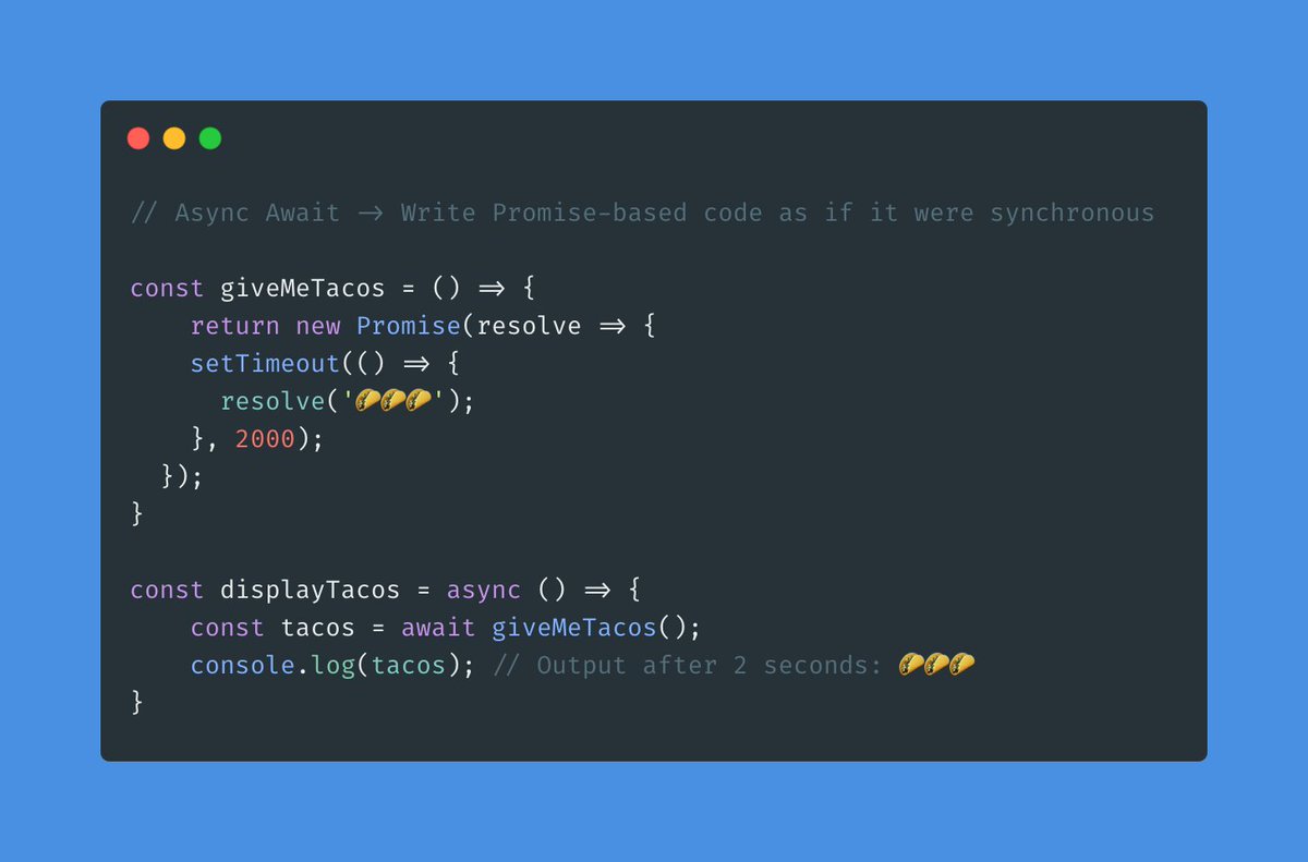 BraydonCoyer's tweet image. Avoid nested callbacks (callback hell). 🚫

Instead, switch to Async Await in #JavaScript! ✅

Async Await allows us to write Promise-based code as if it were synchronous without blocking the main thread!

#100DaysOfCode #asyncawait #CodeNewbies #webdev