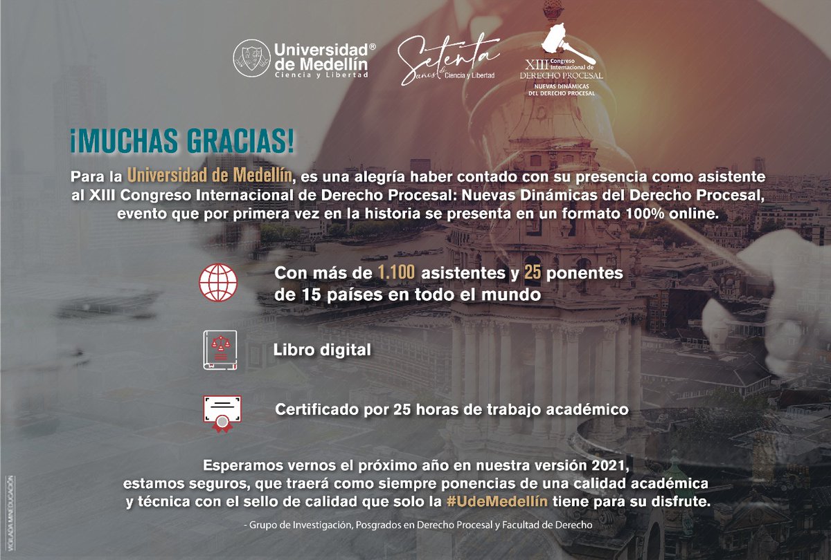 EPROCESAL's tweet photo. ¡Gracias por ser parte de esta experiencia!  Informamos que el lunes 24 de agosto enviamos a los asistentes del evento el certificado y acceso al libro digital. Sugerimos revisar spam o bandeja no deseada en caso de no haber recibido este material.  Info en: eprocesal@udem.edu.co https://t.co/H1uebmeUra