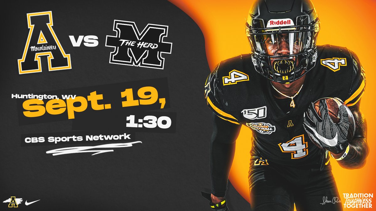 Our game at Marshall on Sept. 19 has a kickoff time and TV designation! #GoApp

🕝 1:30 p.m.
📺 CBS Sports Network

🔗 bit.ly/32yA70C