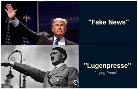 Hitler:Insisted politicians of the other parties, were hopelessly venal and corrupt and should be put in jail.Insist Nazi thugs were good people who were victims of a “monstrous blood-verdict”.Insisted that liberal newspapers that criticized Hitler were the "lying press.”