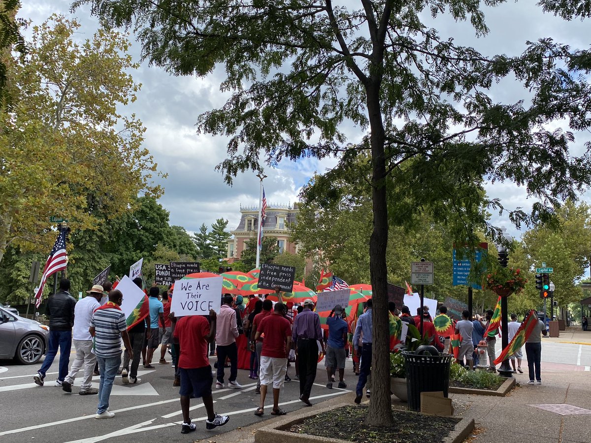 K_Schallhorn's tweet photo. Meanwhile in downtown Jefferson City, a protest is marching outside the Governor’s Mansion calling for new elections in Ethiopia: “Ethiopia must respect all of its people. Diversity is beauty.” https://t.co/oTdt38nZ4t