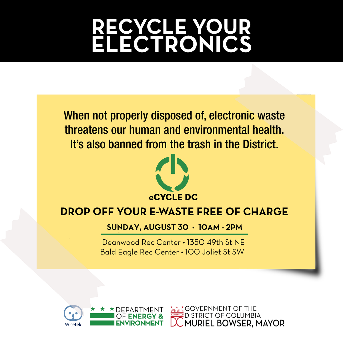 DOEE_DC's tweet photo. Drop off your e-waste with @wisetek this Saturday and Sunday from 10am-2pm at select @dcdpr and @dcpl locations at no cost to you.
Want more info about #eCycleDC, acceptable items and future community dates? ♻💚 Visit us online➡ https://t.co/4AUzHMgQ7i https://t.co/FKCJEFgnYh