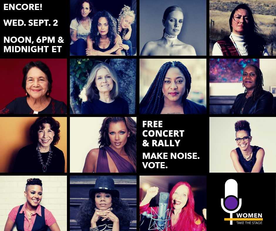Thanks for the overwhelming response on Aug. 26! ENCORE SHOWS: WED. SEPT. 2 @ noon, 6 PM &amp; midnight ET, with captions. Sorry for the production problem that wiped them out on Aug. 26. REGISTER FOR ENCORE at womentakethestage.org.

#WTTSrally