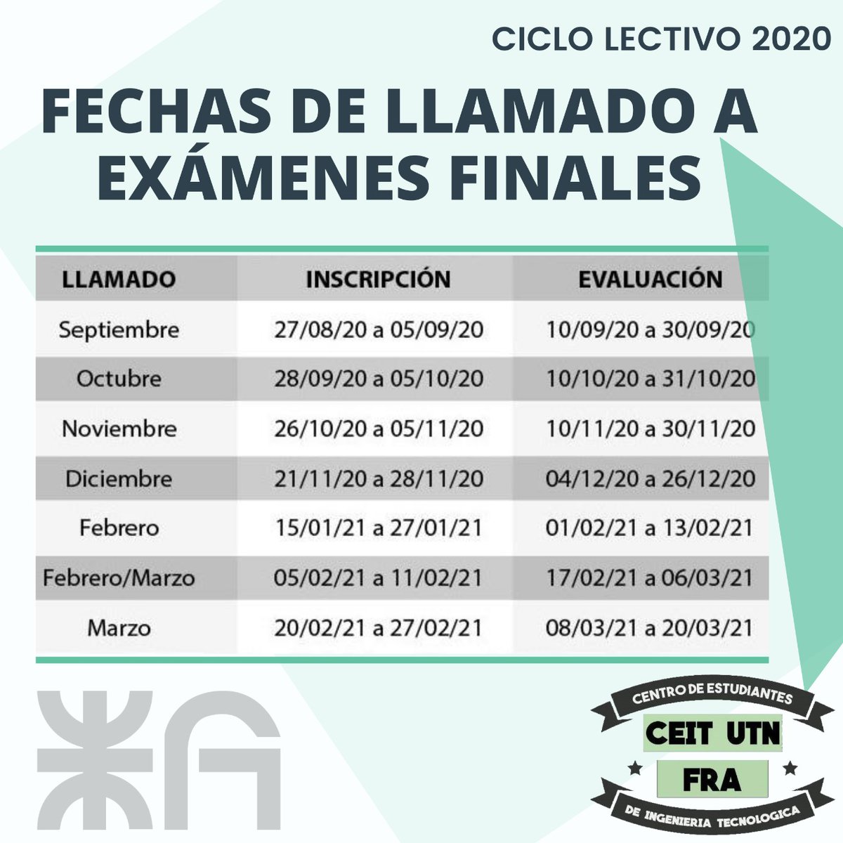 Les compartimos las fechas pendientes de llamado a exámenes finales de este ciclo lectivo 2020.

*ANTE CUALQUIER INQUIETUD, NO DUDEN EN CONSULTARNOS POR MD.