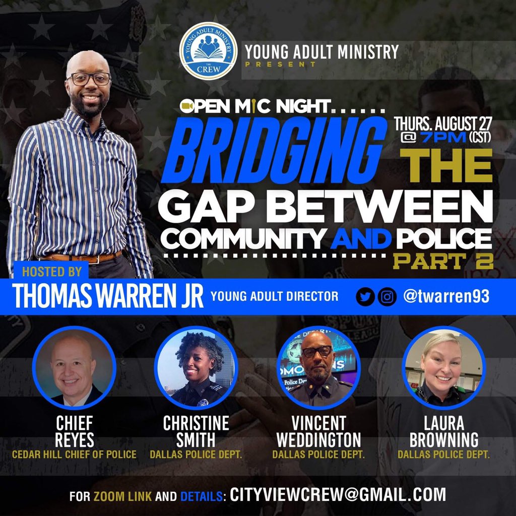 cityviewcrew's tweet image. I enjoyed talking to @CedarHillPolice @ChiefElyReyes @DallasPD on last night at Open Mic Night! We had great discussion on police diversity in the workplace&amp;amp; community policing!