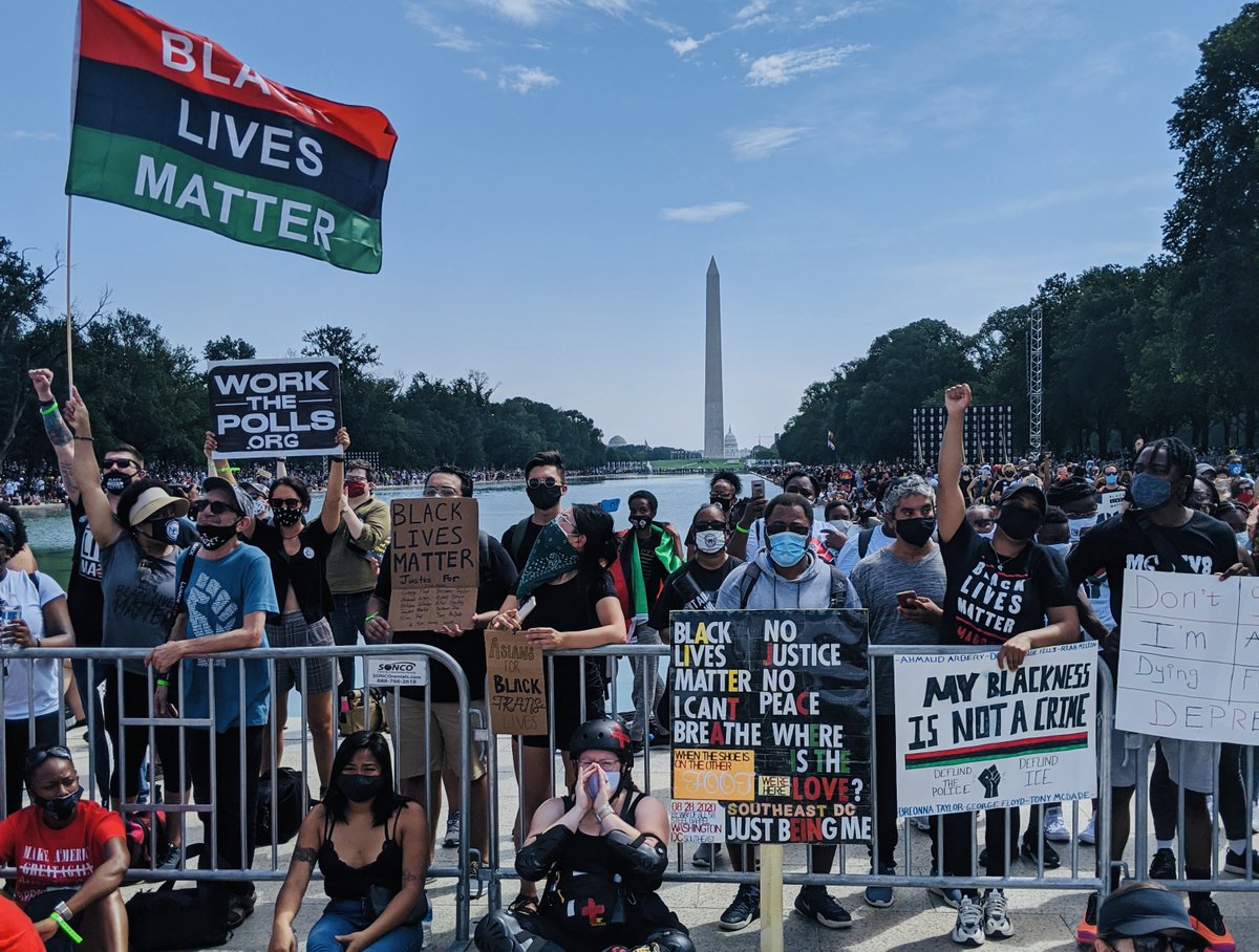 A photo shows marchers at the 2020 March on Washington with the Washington Monument visible in the background.